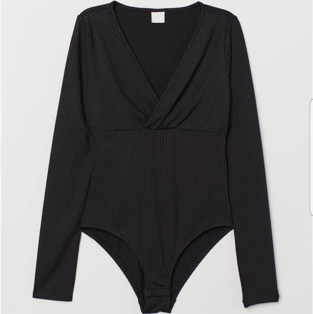 Black Ribbed V-Neck Bodysuit